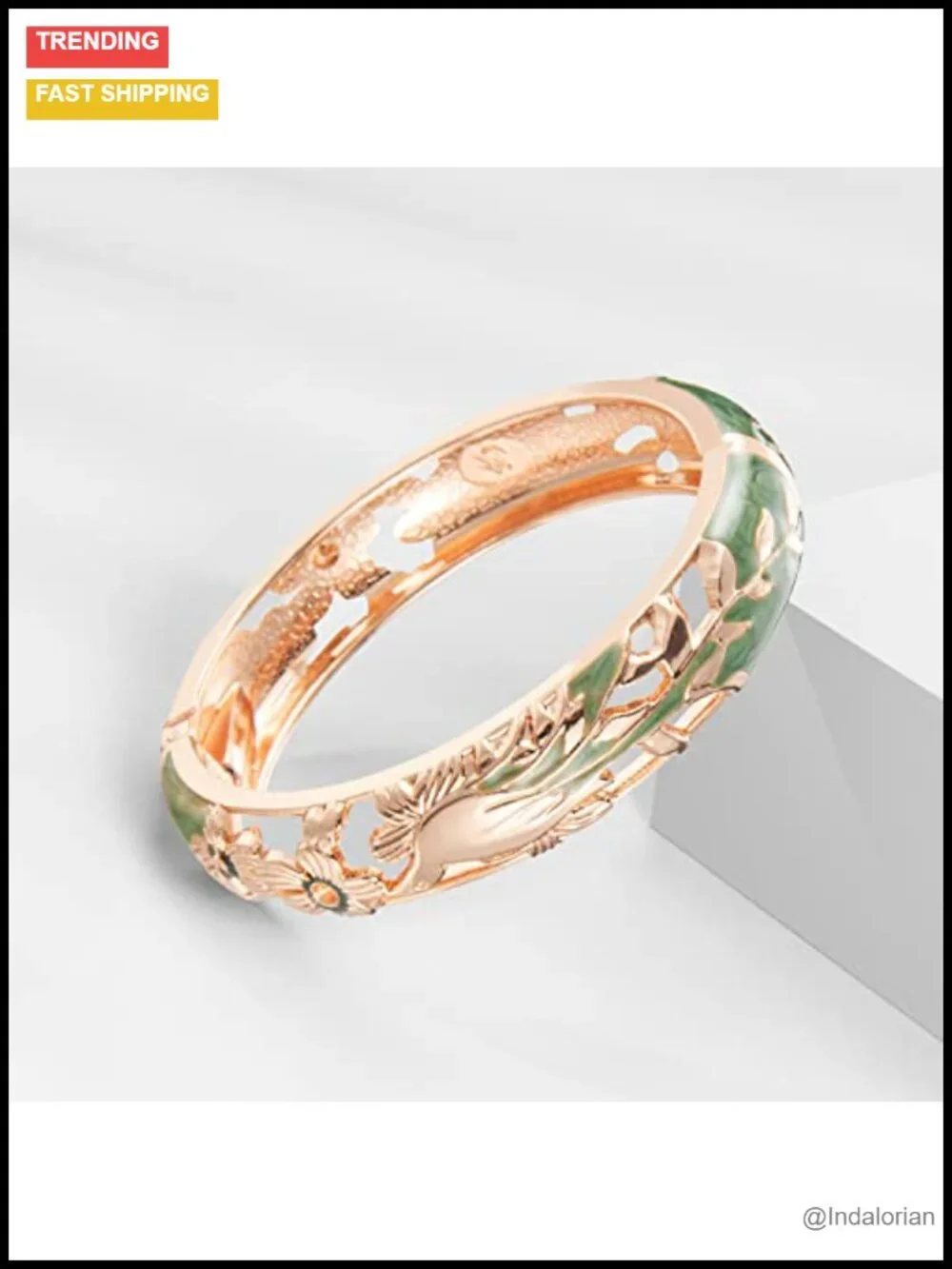 Handcrafted Alloy and Crystal Bangle Bracelet with Enamel Bird Floral Design,